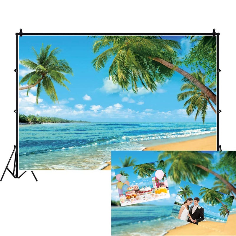 DASHAN 10x8ft Tropical Beach Backdrop Ocean Hawaiian Luau Party Decorations Summer Sea Backdrop Sandy Palm Tree Photography Background Wedding Bridal Shower Holiday Party Photo Props - Image 1